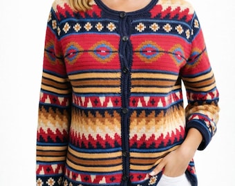 Vintage crochet cardigan sweater women red PENDLETON yellow blue country cotton ornamented jacket Size M