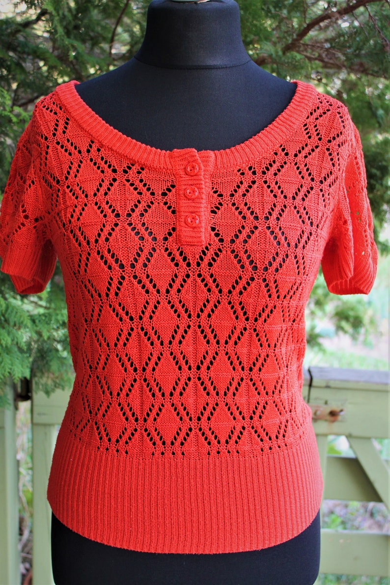 Blouse orange knitted women vintage summer top sweater Size M L