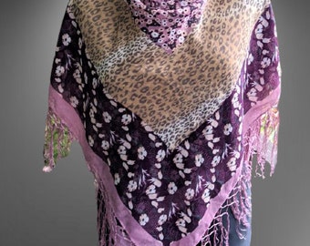 Purple beige scarf floral cotton with fringes boho women Christmas gift for her