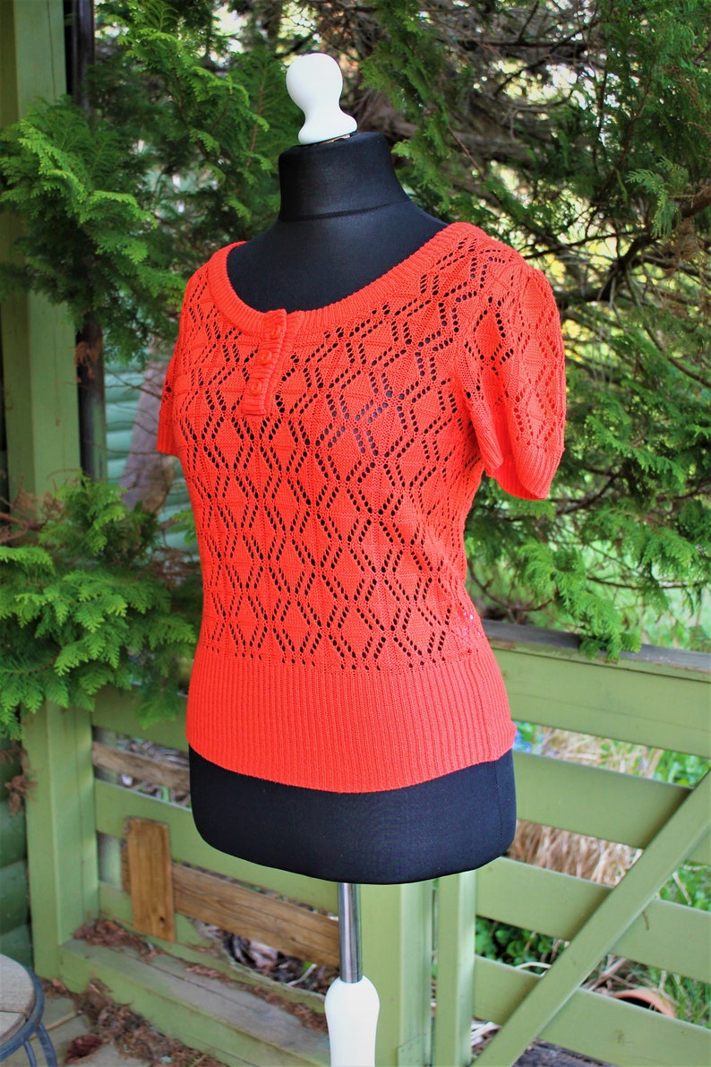 Blouse orange knitted women vintage summer top sweater Size M L