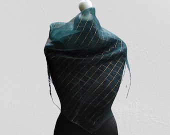 Vintage black glossy scarf transparent shiffon women striped 70s gift for her