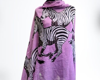 Vintage scarf purple lilac zebras animals black oversize shawl
