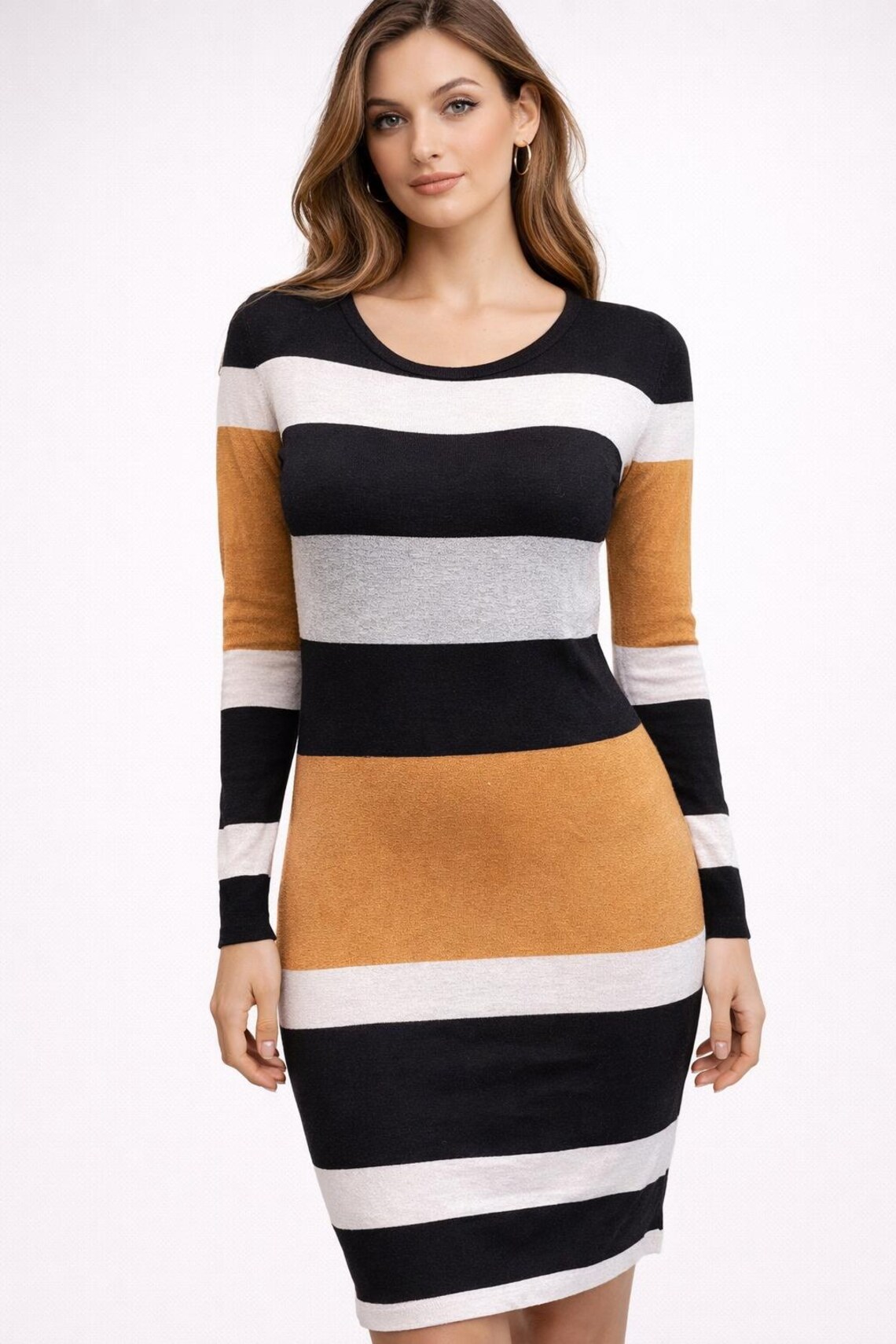 Vintage dress knitted women mustard grey black white pencil Size S, foto 1 di 5