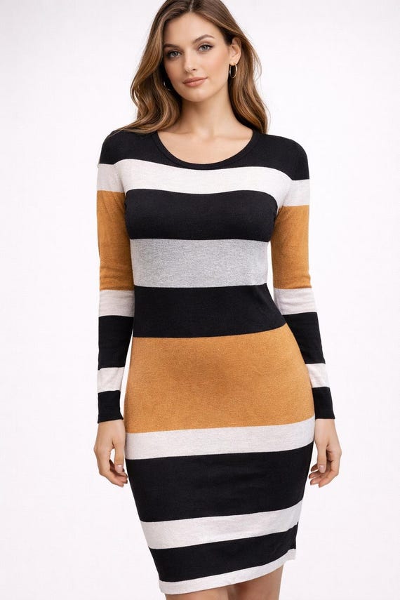 Vintage dress knitted women mustard grey black white pencil Size S