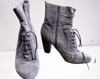 Ankle boots women grey suede leather vintage heels lace up slouch Size 37/ 6.5 US/ 4 UK