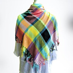 Sciarpa cotone vintage quadrato giallo rosa viola blu con frange regalo unisex Natale