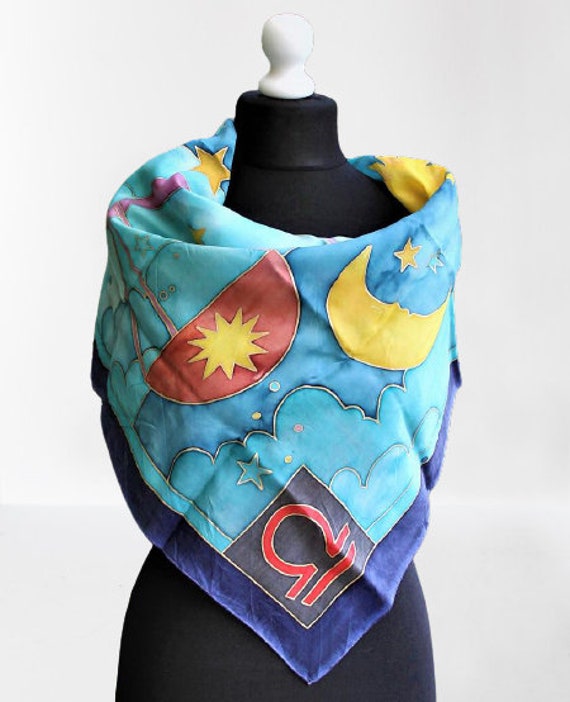 Scarf Silk Hand Painted Scales Zodiac Blue Moon Yellow 