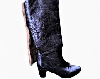 Vintage black leather boots women leather medium heels handmade Size 38-3.5 EU/ 5-5.5 UK/ 7.5 - 8 US