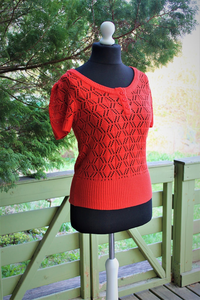 Blouse orange knitted women vintage summer top sweater Size M L