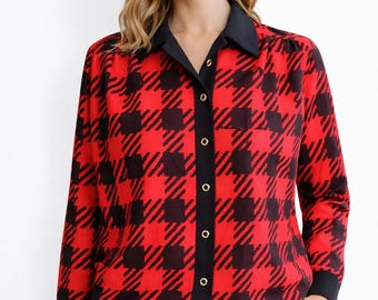 Rot schwarze Bluse Vintage Shirt Karomuster 80' Frauen lange Ärmel mit Knöpfen Gr.-L