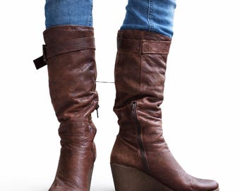Stivali in pelle scamosciata marrone, scarpe con plateau e tacchi da donna, vintage, taglia 38 EU/ 5 UK/ 7.5 US/ 24.5 cm/ 9.65 pollici