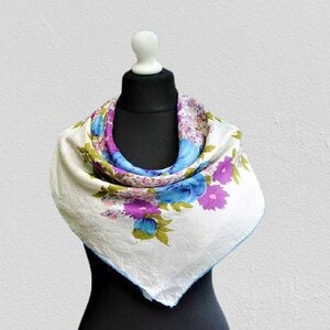 Vintage silk scarf white blue purple floral gift for her