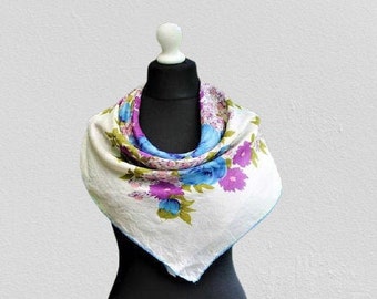 Vintage silk scarf white blue purple floral gift for her