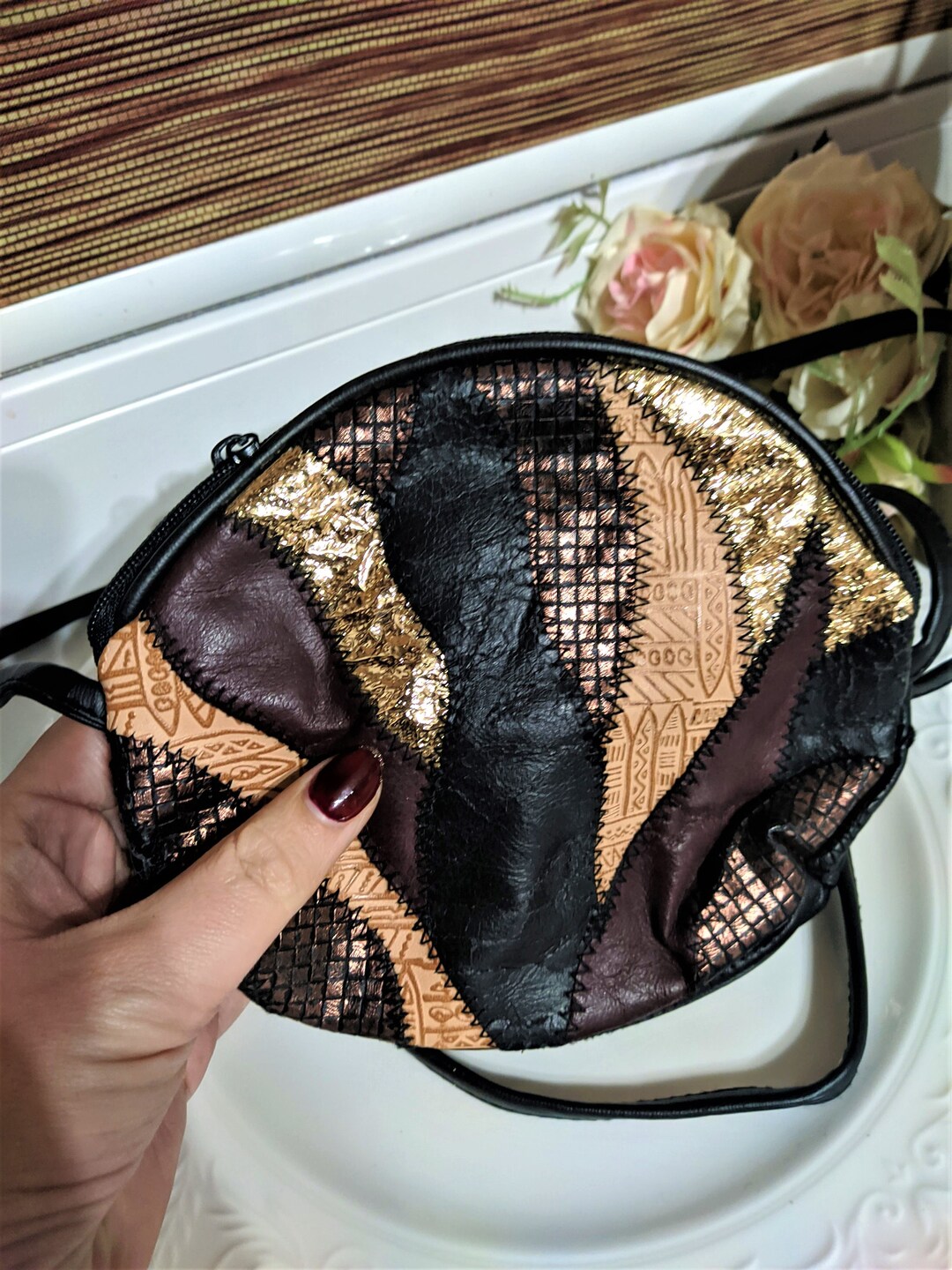 Vtg Black Orange Abstract Crossbody Shoulder Rectangular Leather Handbag