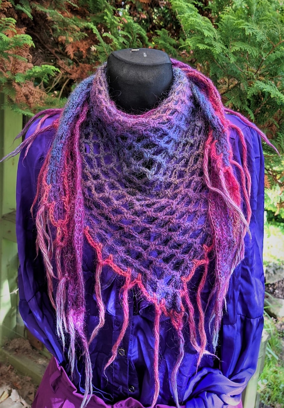 Vintage mohair wool triangle scarf purple blue crochet with fringes  handmade women Christmas gift