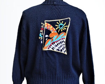 Blue vintage cardigan sweater female embroidered gift for her