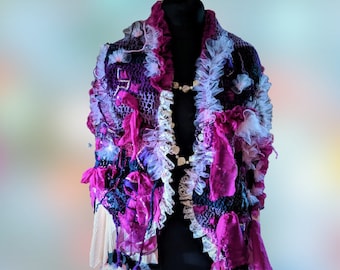 Pink purple scarf shabby chic wearable art to wear lace women french victorian bohemian cape unique altered couture crochet collar wrap