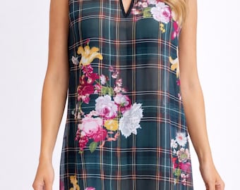 Green vintage tunic dress chiffon floral grey plaid pink women transparent Gift for her Size S M