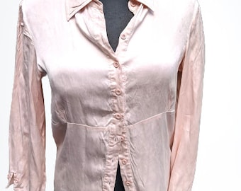 Vintage pink silk satin blouse top shirt women Size M