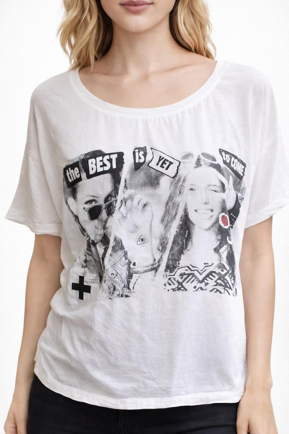 T Shirt White Vintage 80s Style Top Tees Blouse Grey Women Size M 