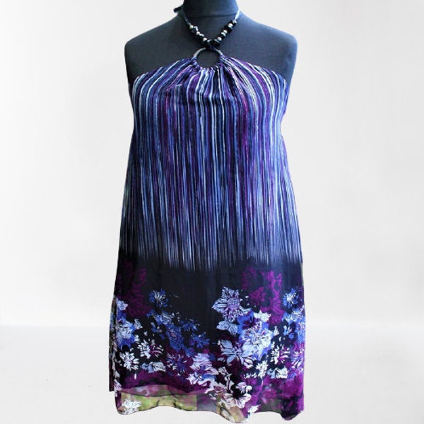 vintage tunique bleu rayé robe d’été en mousseline de soie mini floral femmes haut épaules ouvertes dos cadeau pour sa taille M