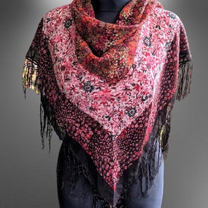 Vintage rote Floral Schal Baumwolle mit Fransen Frauen Boho Weihnachtsgeschenk