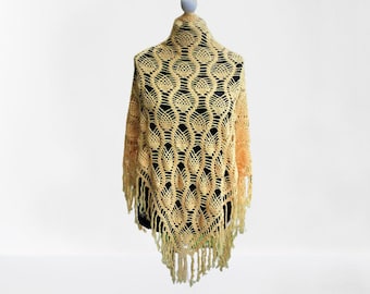 Vintage yellow crochet big scarf women summer hand made cotton acril Gift for her