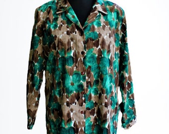 Green brown abstract loose jacket women vintage blouse 80s gift for her Size XL