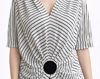 White stripped black vintage top blouse women gift for her 1980s Size L