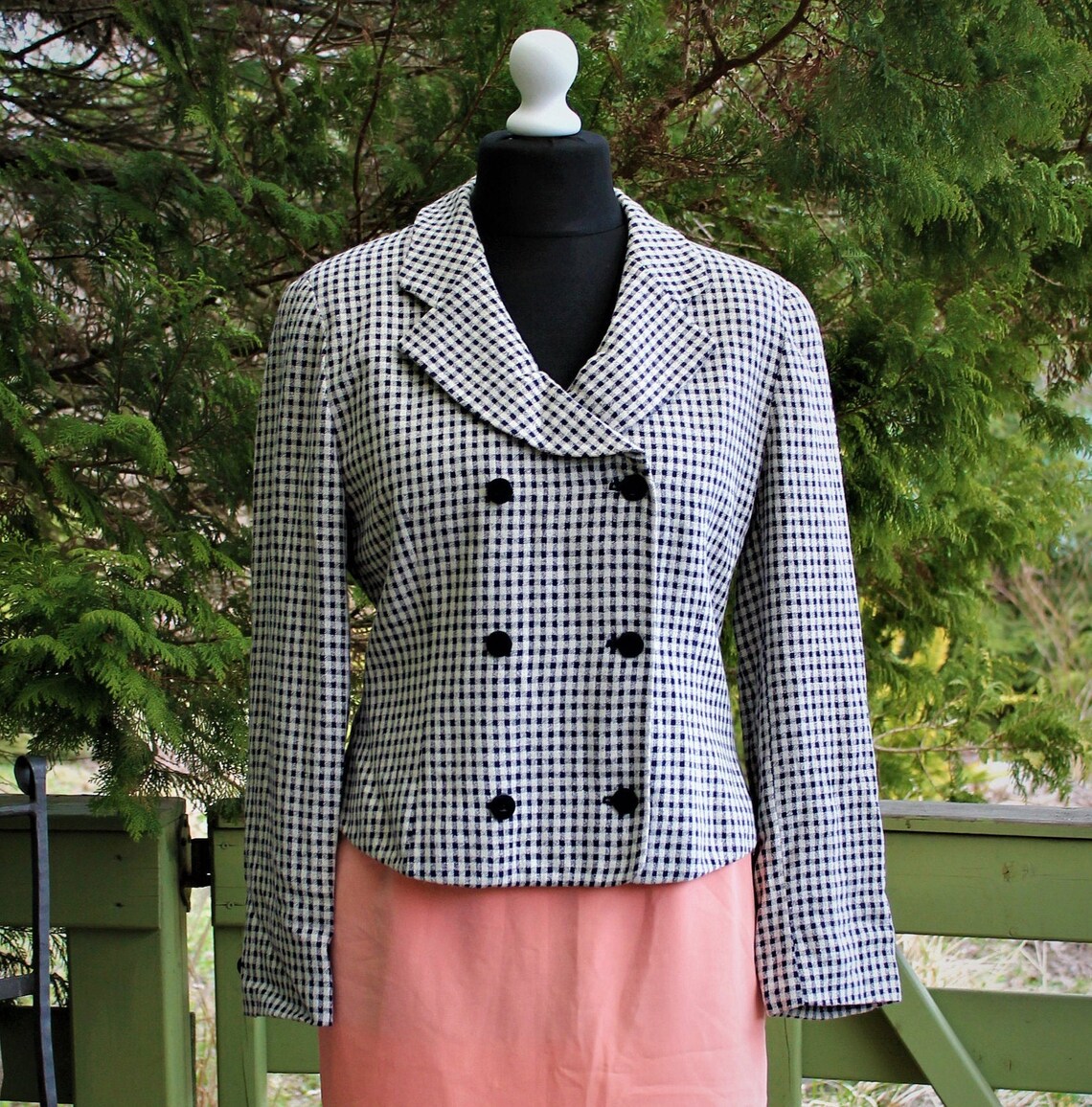 Jacket female plaid white blue double closure buttons long sleeves vintage classic 90s cotton summer blazer, Foto 3 von 5