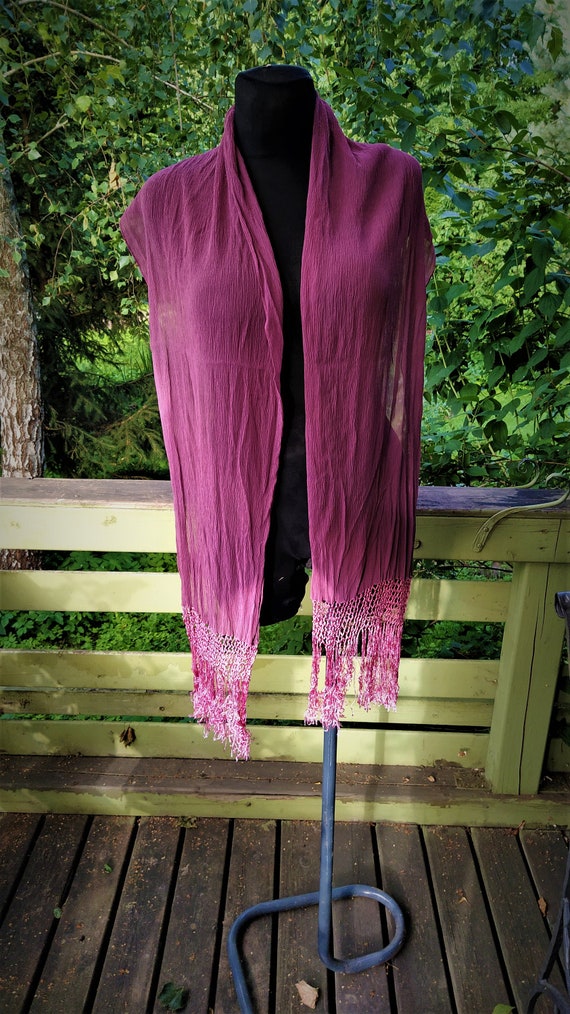 Vintage Pink scarf with fringes dark ash rose pur… - image 4