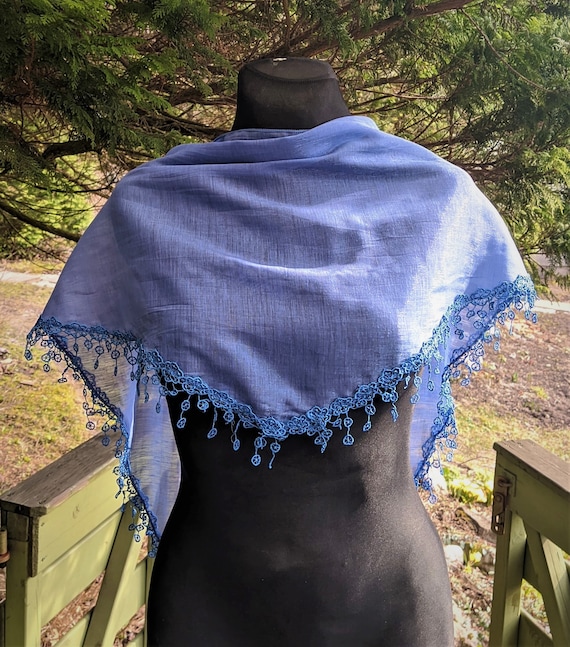 Vintage blue triangle scarf with fringes women gi… - image 2