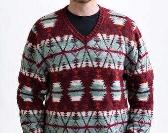 Vintage wool men sweater Scotch red green pullover ornamented 80s warm winter Size XL