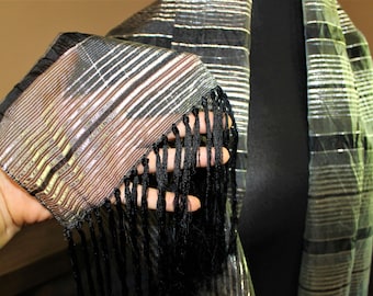 Vintage black scarf with fringes striped silver glossy 90s  gift for her