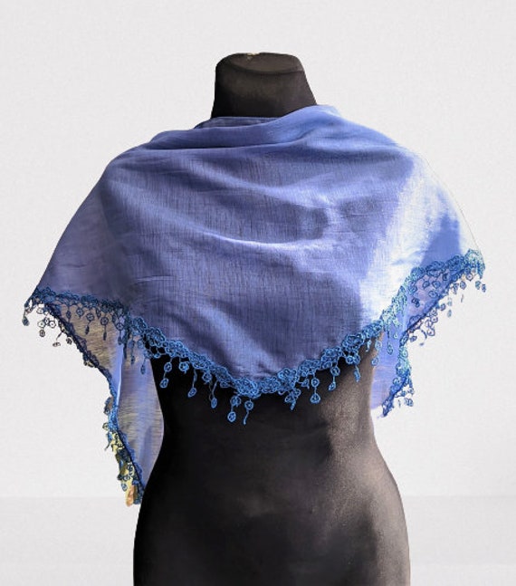 Vintage blue triangle scarf with fringes women gi… - image 1