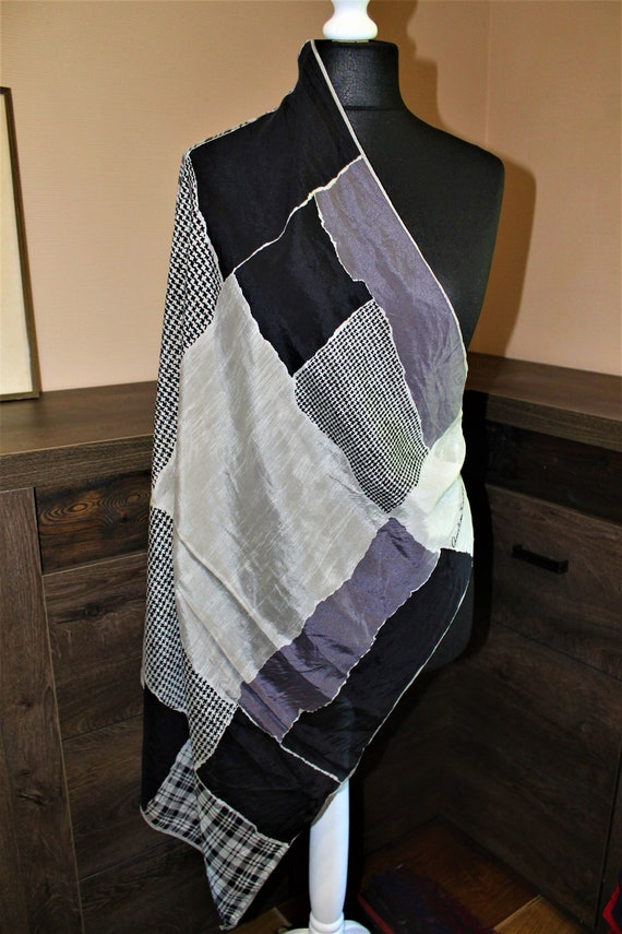 Silk scarf black grey ornamented vintage Christia… - image 5