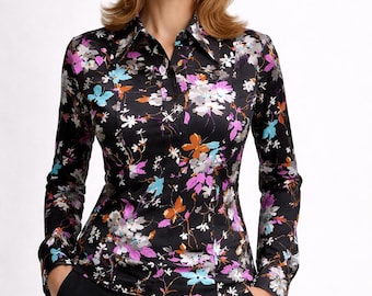 Blouse floral female shirt women black vintage 70s long sleeves size M