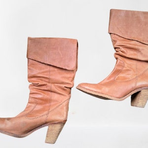 Brown vintage knee boots shoes leather women medium heels Sixtyseven made in Spain Size 38 EU/ 7.5 US/ 5 UK