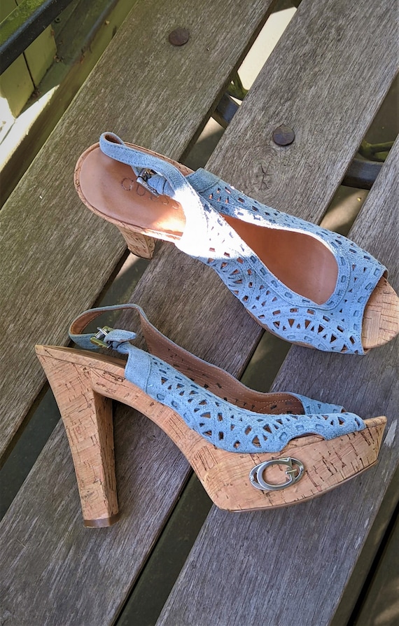 Vintage sandals open shoes pumps suede leather bl… - image 2
