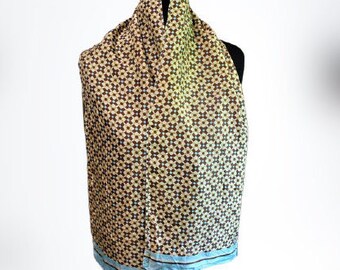 Vintage silk brown beige blue ornamented scarf gift for her