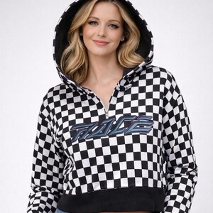 Vintage sweater pullover white black hooded women recycled  reworked upcycled squared Size M