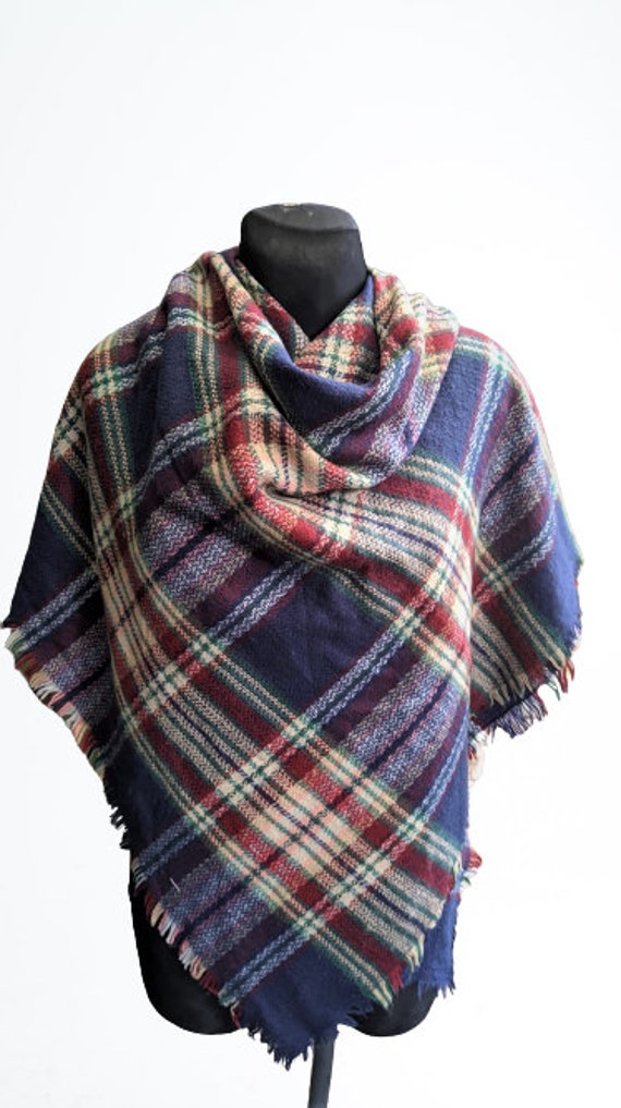 Vintage large scarf square blue red unisex warm w… - image 1