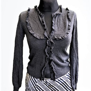 Dark grey cardigan vintage women ruffled collar sweater Size S M