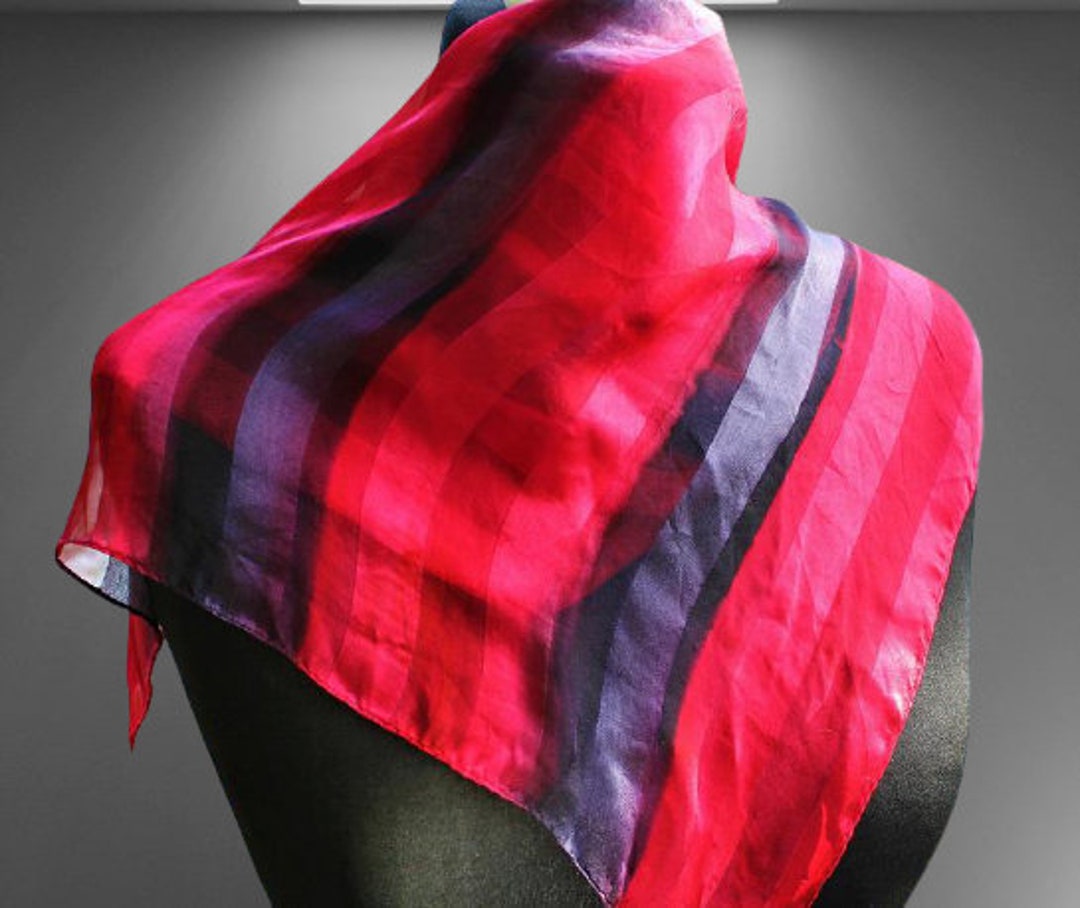 Red Pure Silk Scarf Small Black Striped Thin Gift for Her - Etsy display picture 3