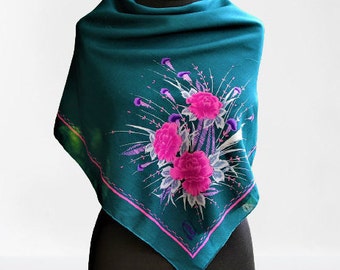 Scarf vintage green pink floral women accessory 80s gift for her