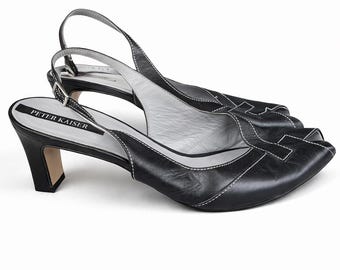 Vintage black open pumps medium heels leather women shoes Peter Kaiser Size 8 US/5.5 UK/ 38.5 EU
