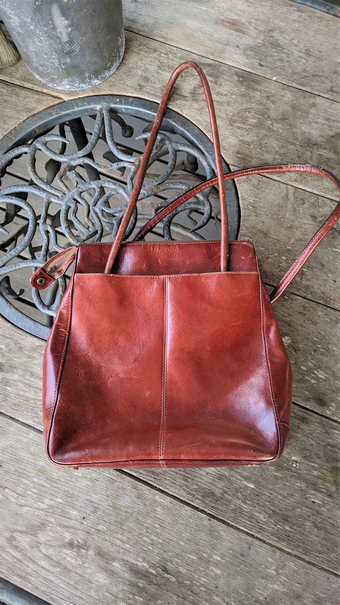 Brown leather handbag vintage women bag shoulder medium size Claudio Ferrici, foto 2 di 5