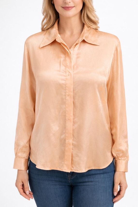 Vintage cold yellow wet silk blouse top shirt women Size M L