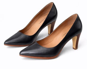 Black pumps high heels shoes women brown leather vintage Size 38 EU/ 5 UK/  7.5 US Bianco footwear