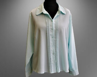 Blue blouse vintage women long sleeves classic 80s gift for her Size XL
